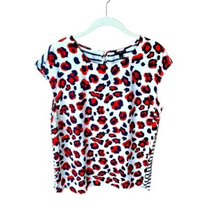 Talbots Red Navy Striped Animal Print Cap Sleeve Top Large PetiteTalbots Red Nav